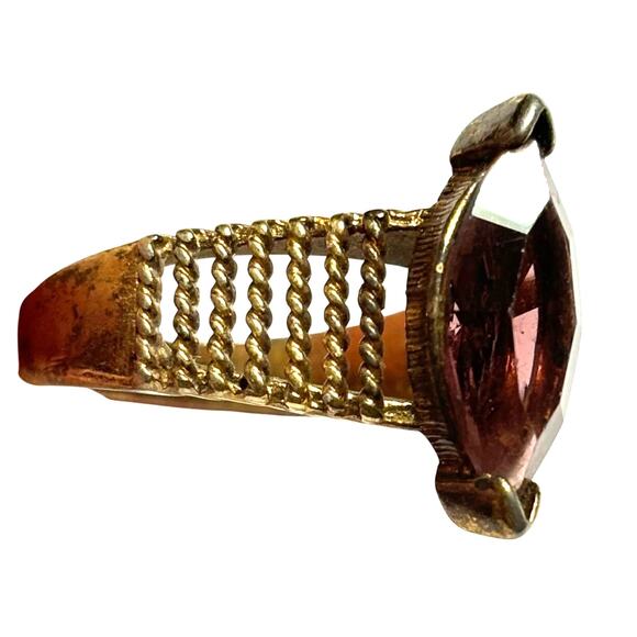 Vintage Cocktail Ring textured gold band purple marquise center stone Size 7 - Picture 8 of 8